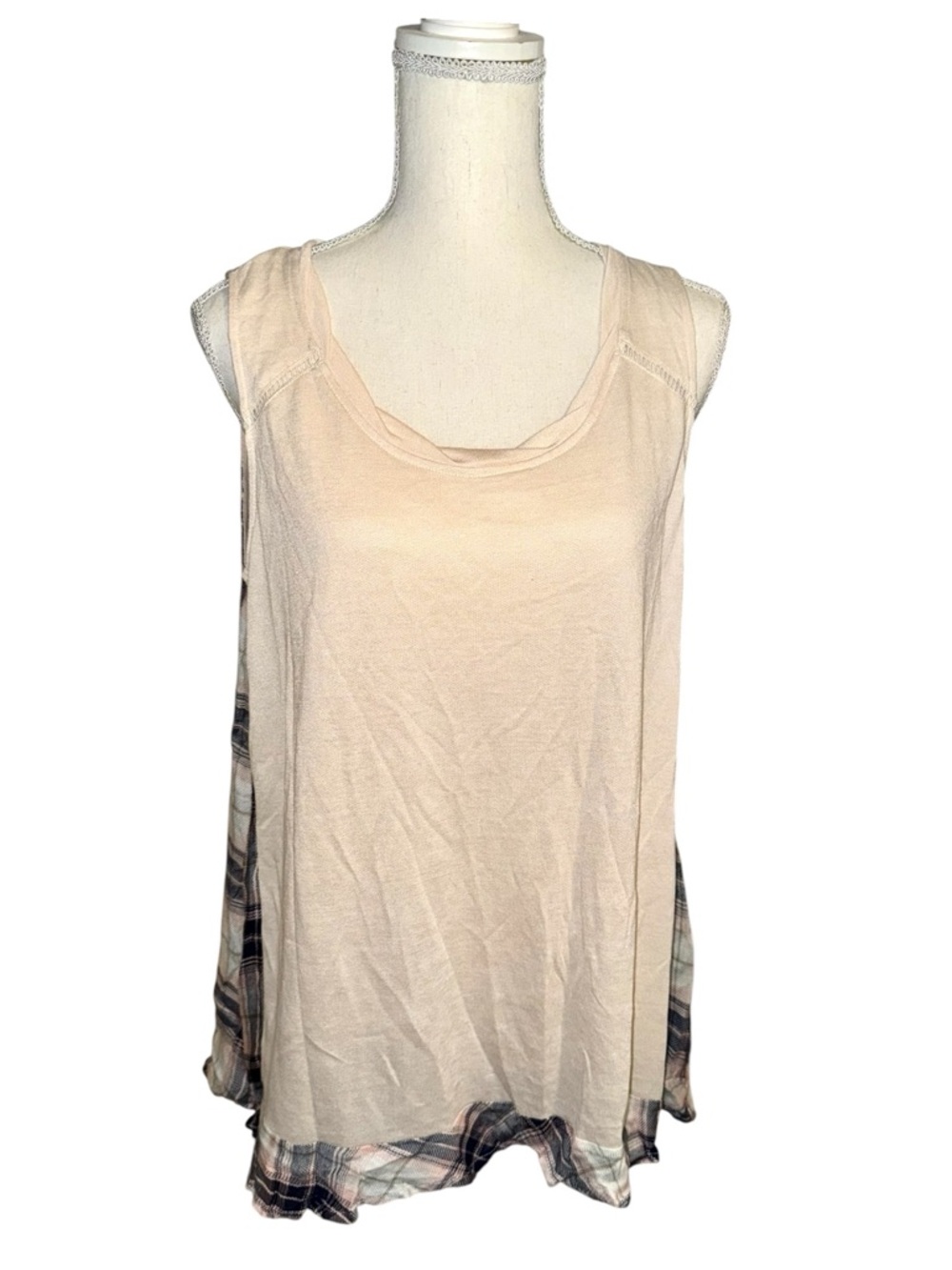 Kori Cream Lightweight Knit Tank with Plaid Back Detail